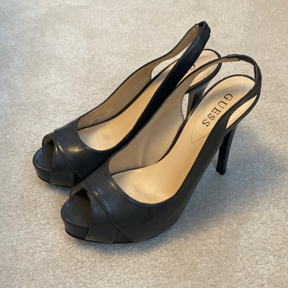 Guess Gray Patent Leather Platform Open-Toe Heels
